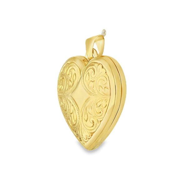 9ct Yellow Gold Feather Drapes Engraved Heart Locket - 21x22x7mm