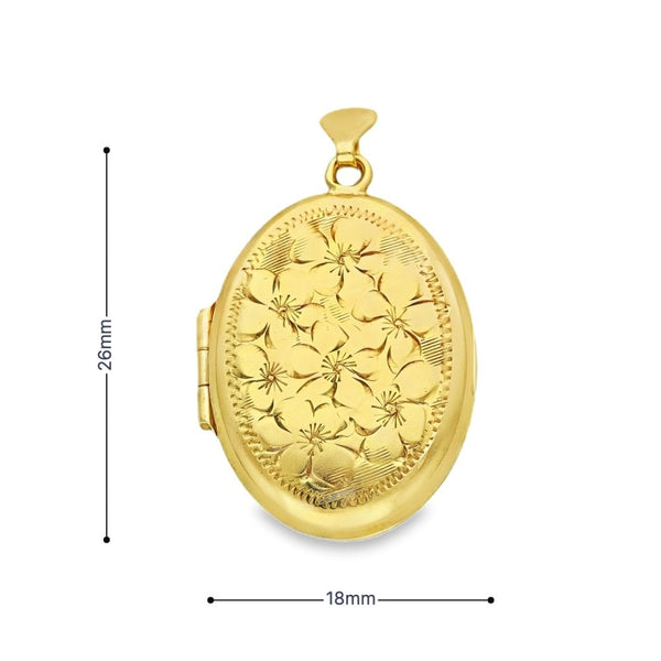 9ct Yellow Gold Oval Flower Locket - 18x26x6mm - 3.6g