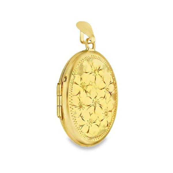 9ct Yellow Gold Oval Flower Locket - 18x26x6mm - 3.6g