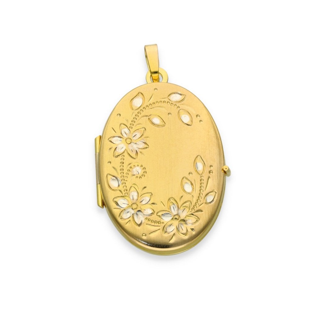 9ct Yellow & White Gold Flower Engraved Oval Locket - 21x30x5mm