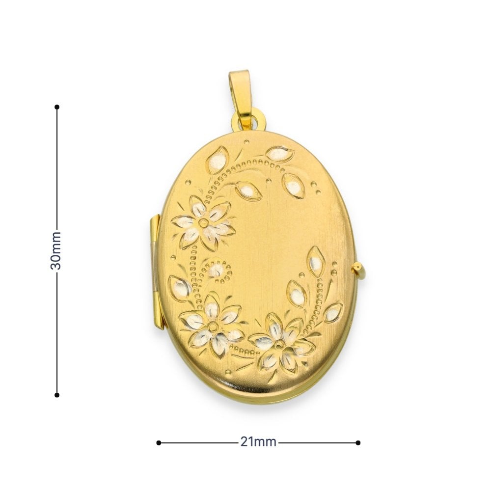 9ct Yellow & White Gold Flower Engraved Oval Locket - 21x30x5mm