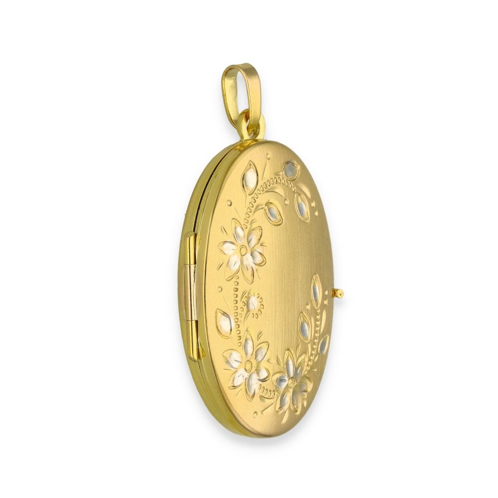 9ct Yellow & White Gold Flower Engraved Oval Locket - 21x30x5mm
