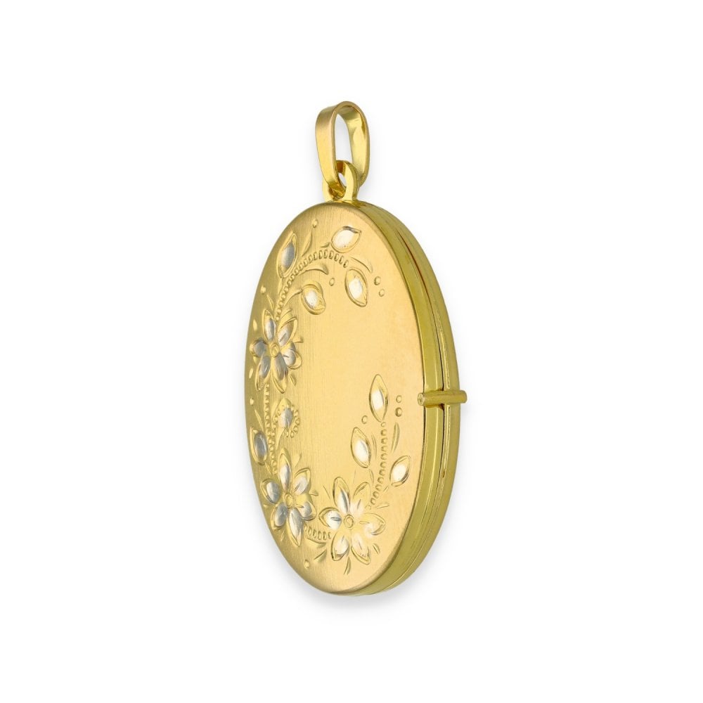 9ct Yellow & White Gold Flower Engraved Oval Locket - 21x30x5mm