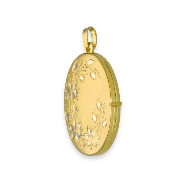 9ct Yellow & White Gold Flower Engraved Oval Locket - 21x30x5mm