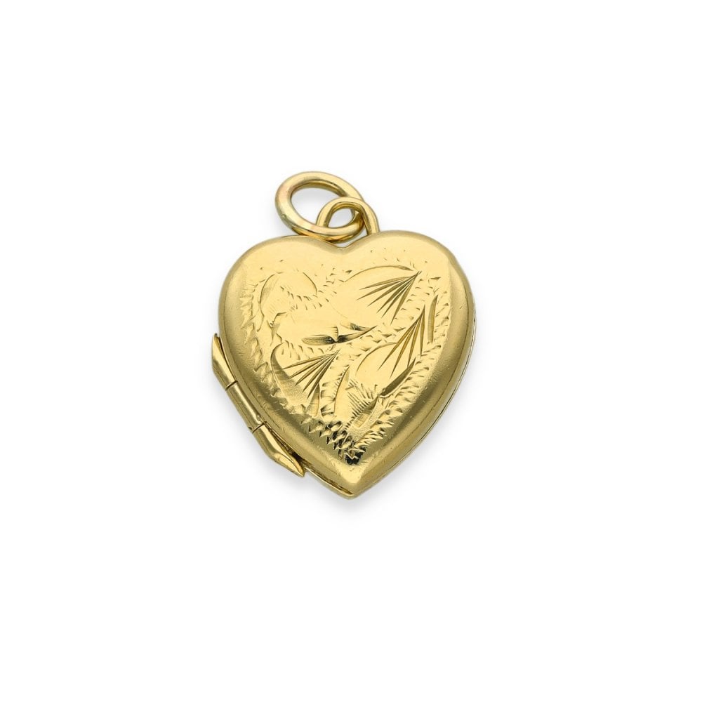 9ct Yellow Gold Feather Engraved Heart Locket - 14x16x5mm - 1.7g