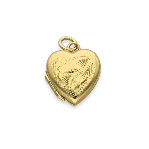 9ct Yellow Gold Feather Engraved Heart Locket - 14x16x5mm - 1.7g