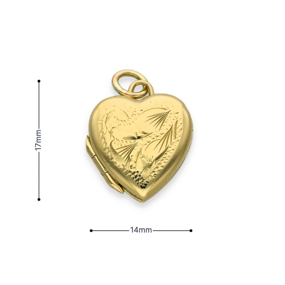 9ct Yellow Gold Feather Engraved Heart Locket - 14x16x5mm - 1.7g