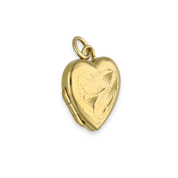 9ct Yellow Gold Feather Engraved Heart Locket - 14x16x5mm - 1.7g