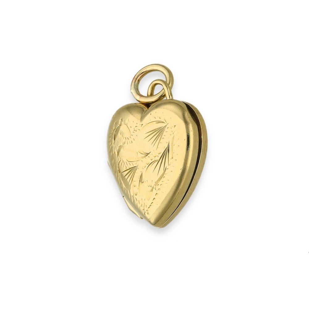 9ct Yellow Gold Feather Engraved Heart Locket - 14x16x5mm - 1.7g