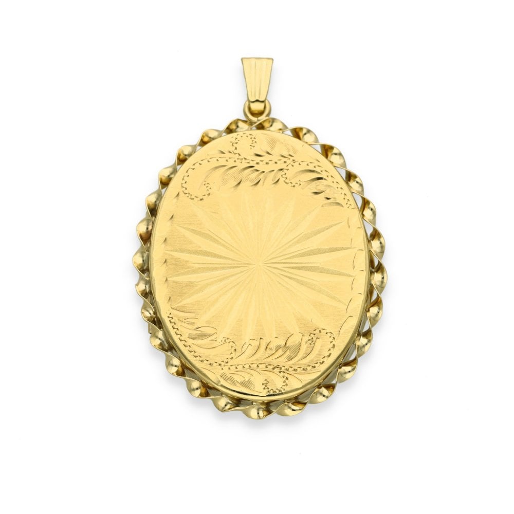 9ct Yellow Gold Sunburst & Feather Oval Locket - 29x39x4.5mm