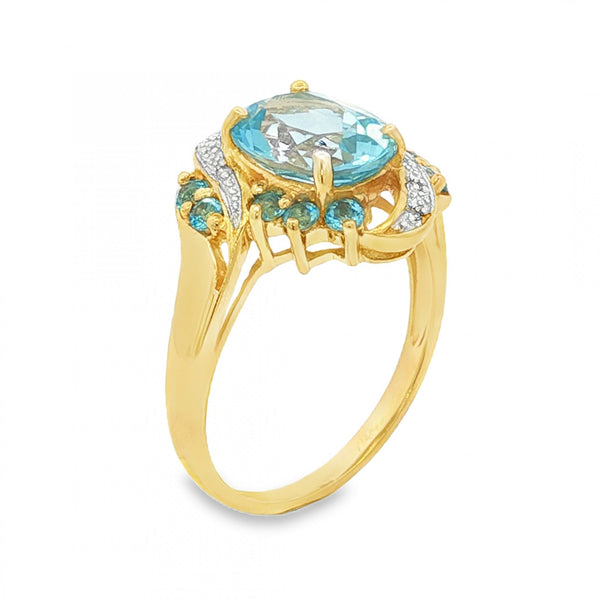 9ct Yellow Gold Twist Blue Topaz & Diamond Ring - Size P - 4.1g