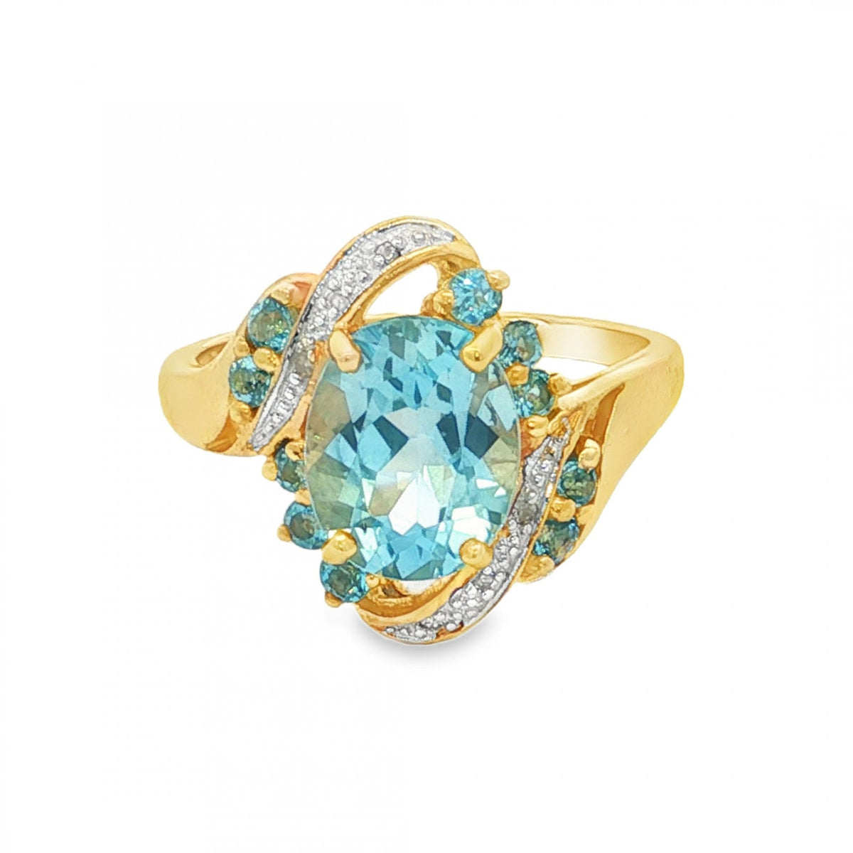 9ct Yellow Gold Twist Blue Topaz & Diamond Ring - Size P - 4.1g