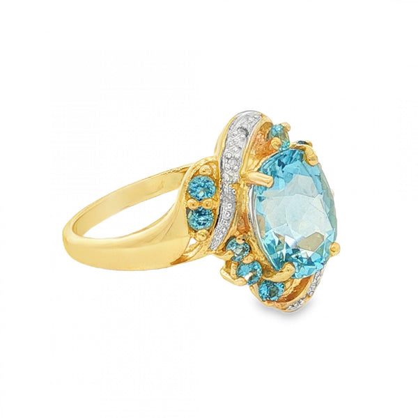 9ct Yellow Gold Twist Blue Topaz & Diamond Ring - Size P - 4.1g