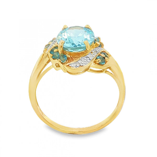 9ct Yellow Gold Twist Blue Topaz & Diamond Ring - Size P - 4.1g