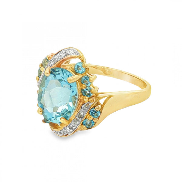 9ct Yellow Gold Twist Blue Topaz & Diamond Ring - Size P - 4.1g
