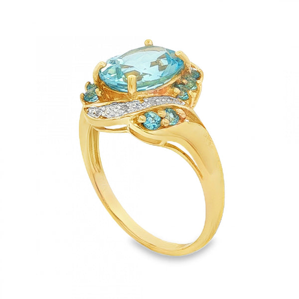 9ct Yellow Gold Twist Blue Topaz & Diamond Ring - Size P - 4.1g