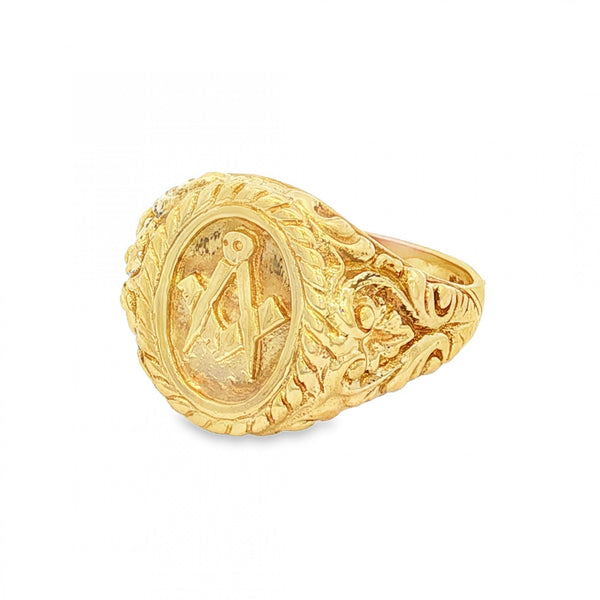 9ct Yellow Gold Oval Masonic Signet Ring - Size T - 17mm