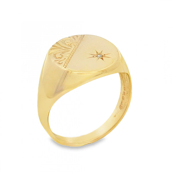 9ct Yellow Gold Diamond Oval Signet Ring - Size X - 17mm