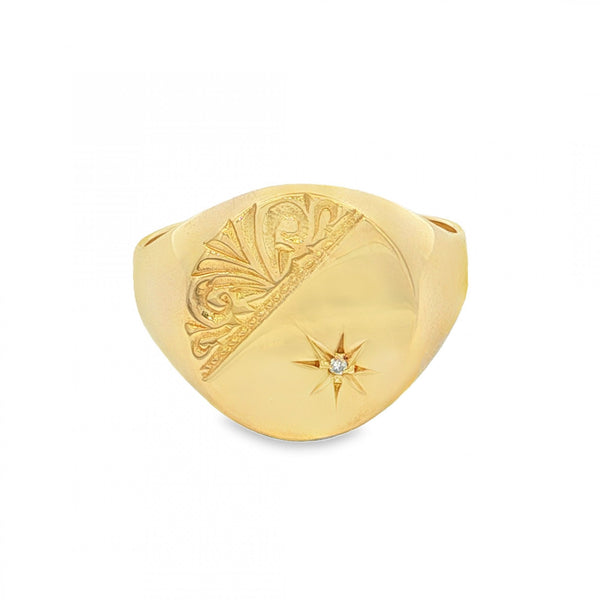 9ct Yellow Gold Diamond Oval Signet Ring - Size X - 17mm