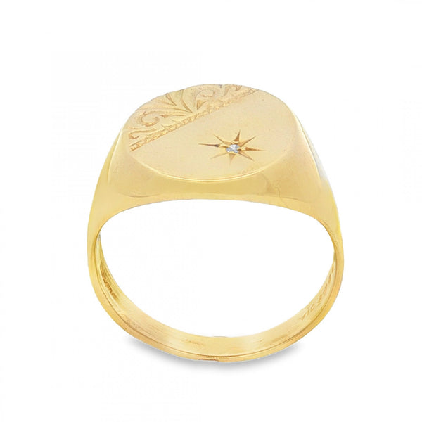 9ct Yellow Gold Diamond Oval Signet Ring - Size X - 17mm