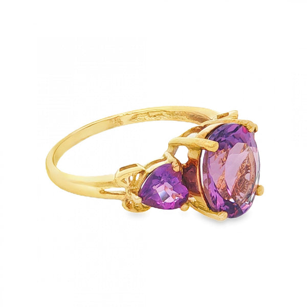 9ct Yellow Gold Amethyst Trilogy Ring - Size P - 2.5g
