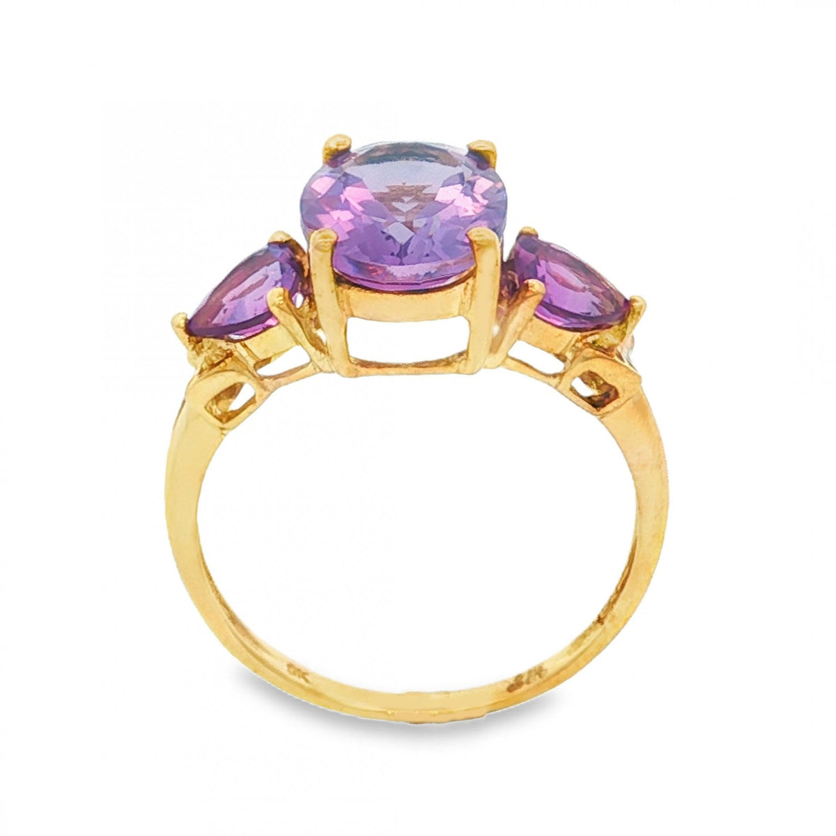 9ct Yellow Gold Amethyst Trilogy Ring - Size P - 2.5g