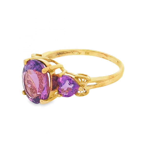 9ct Yellow Gold Amethyst Trilogy Ring - Size P - 2.5g