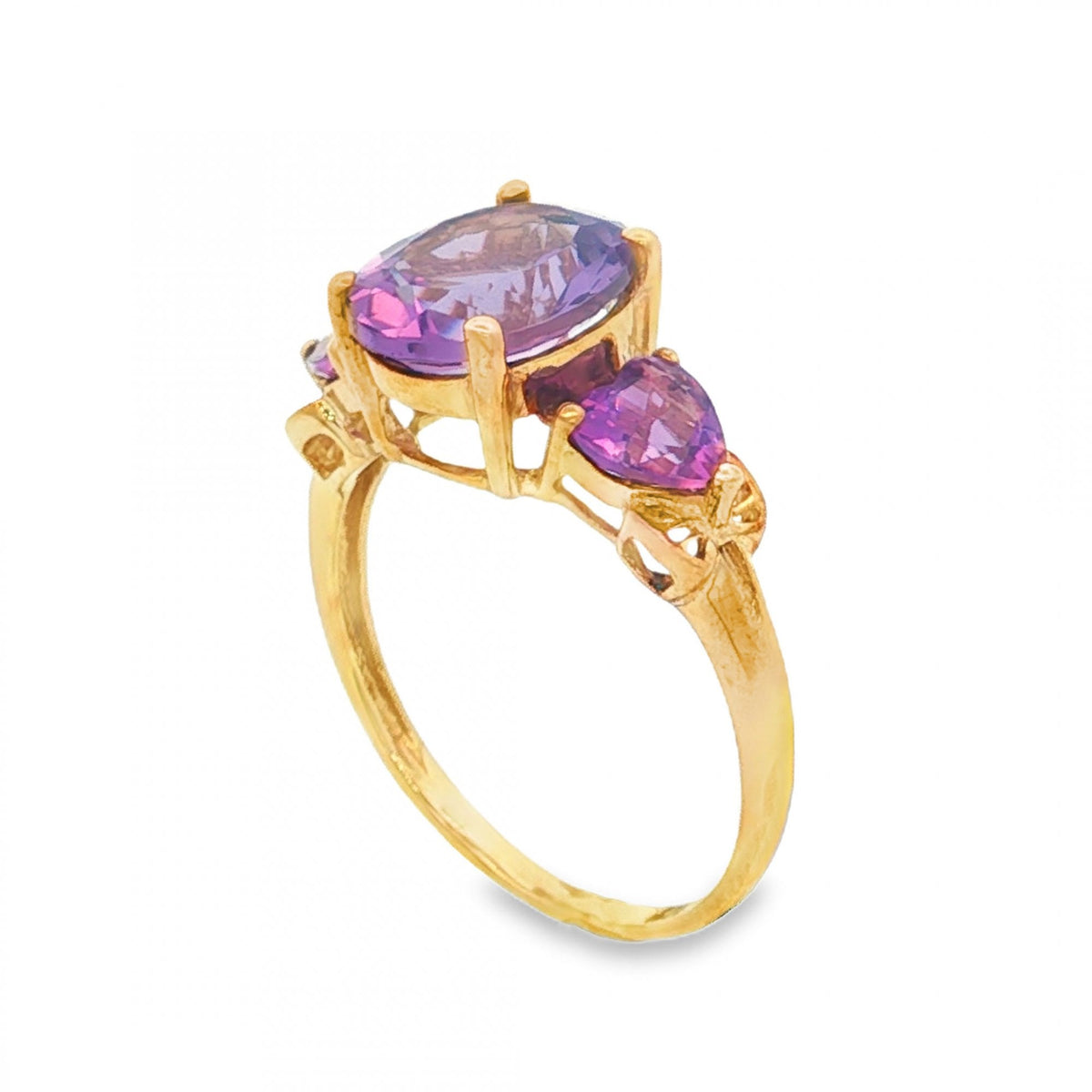 9ct Yellow Gold Amethyst Trilogy Ring - Size P - 2.5g