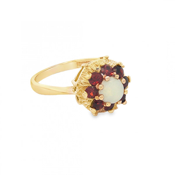 9ct Yellow Gold Opal & Garnet Cluster Ring - Size L - 3.0g