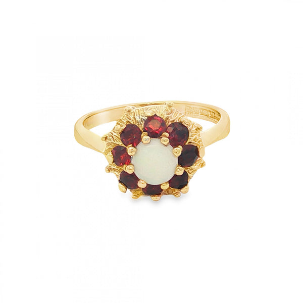 9ct Yellow Gold Opal & Garnet Cluster Ring - Size L - 3.0g