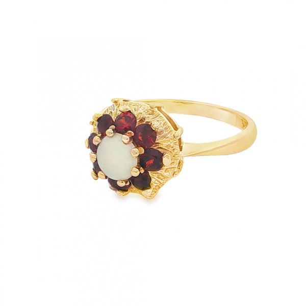 9ct Yellow Gold Opal & Garnet Cluster Ring - Size L - 3.0g