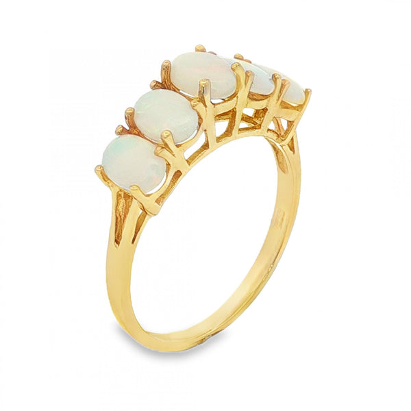 9ct Yellow Gold 5 Opal Row Ring - Size O - 2.2g
