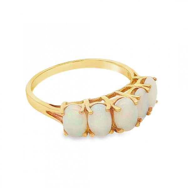 9ct Yellow Gold 5 Opal Row Ring - Size O - 2.2g