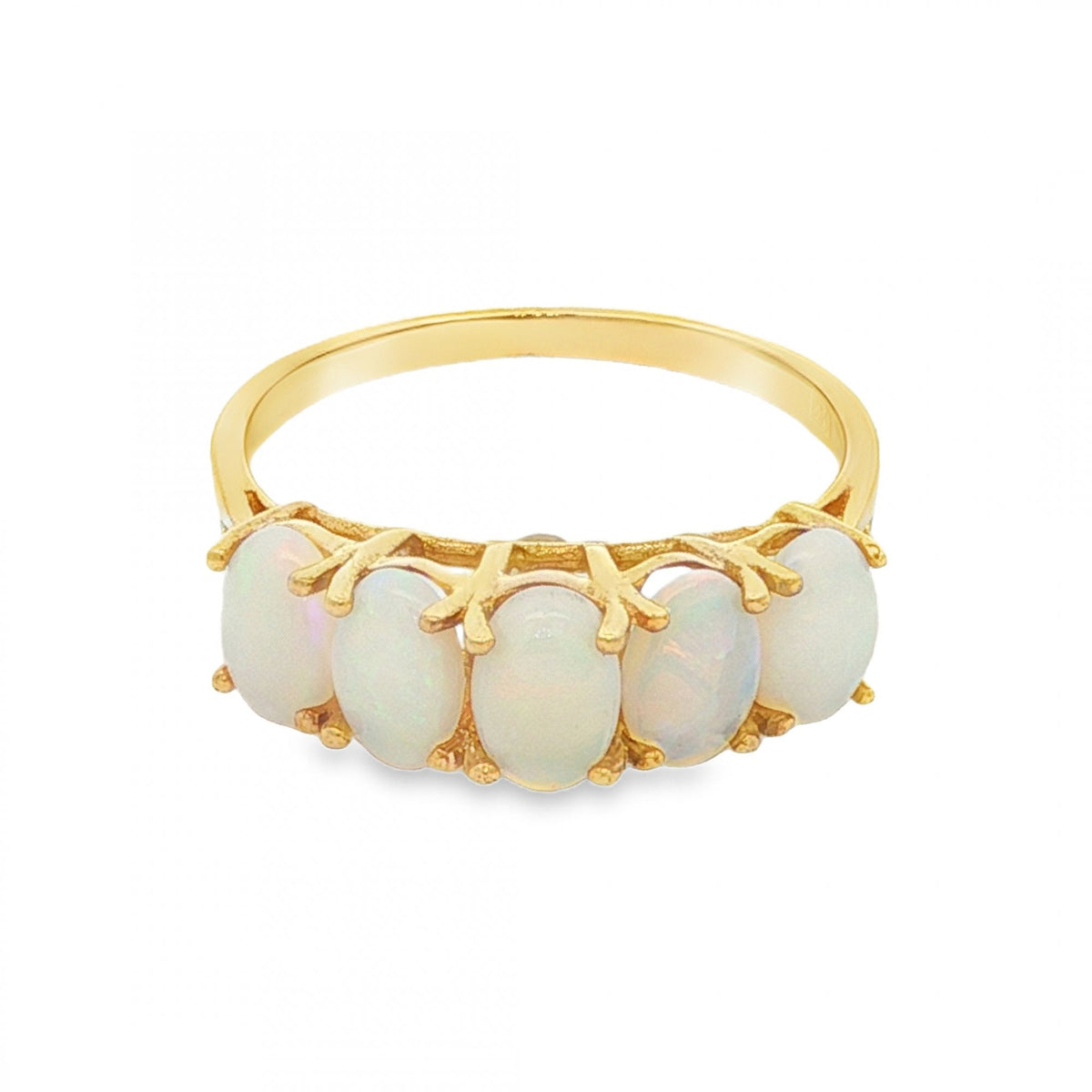 9ct Yellow Gold 5 Opal Row Ring - Size O - 2.2g