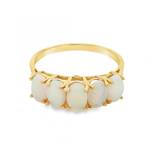 9ct Yellow Gold 5 Opal Row Ring - Size O - 2.2g
