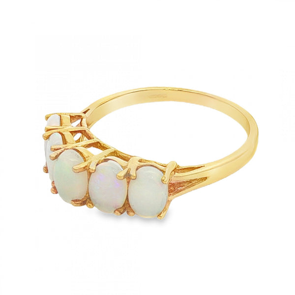 9ct Yellow Gold 5 Opal Row Ring - Size O - 2.2g
