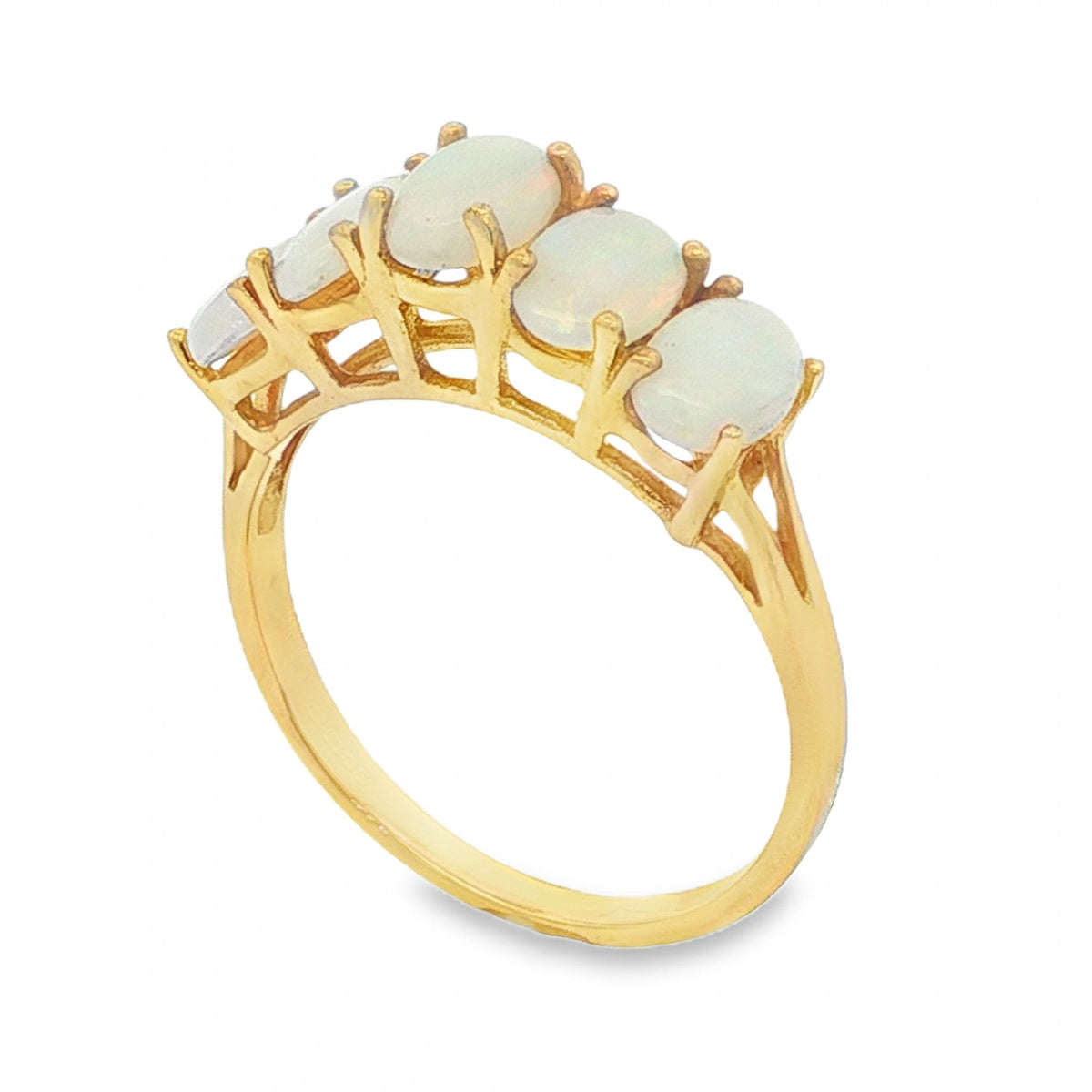 9ct Yellow Gold 5 Opal Row Ring - Size O - 2.2g