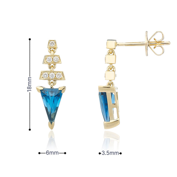 9ct Yellow Gold London Blue Topaz & Diamond Drop Earrings