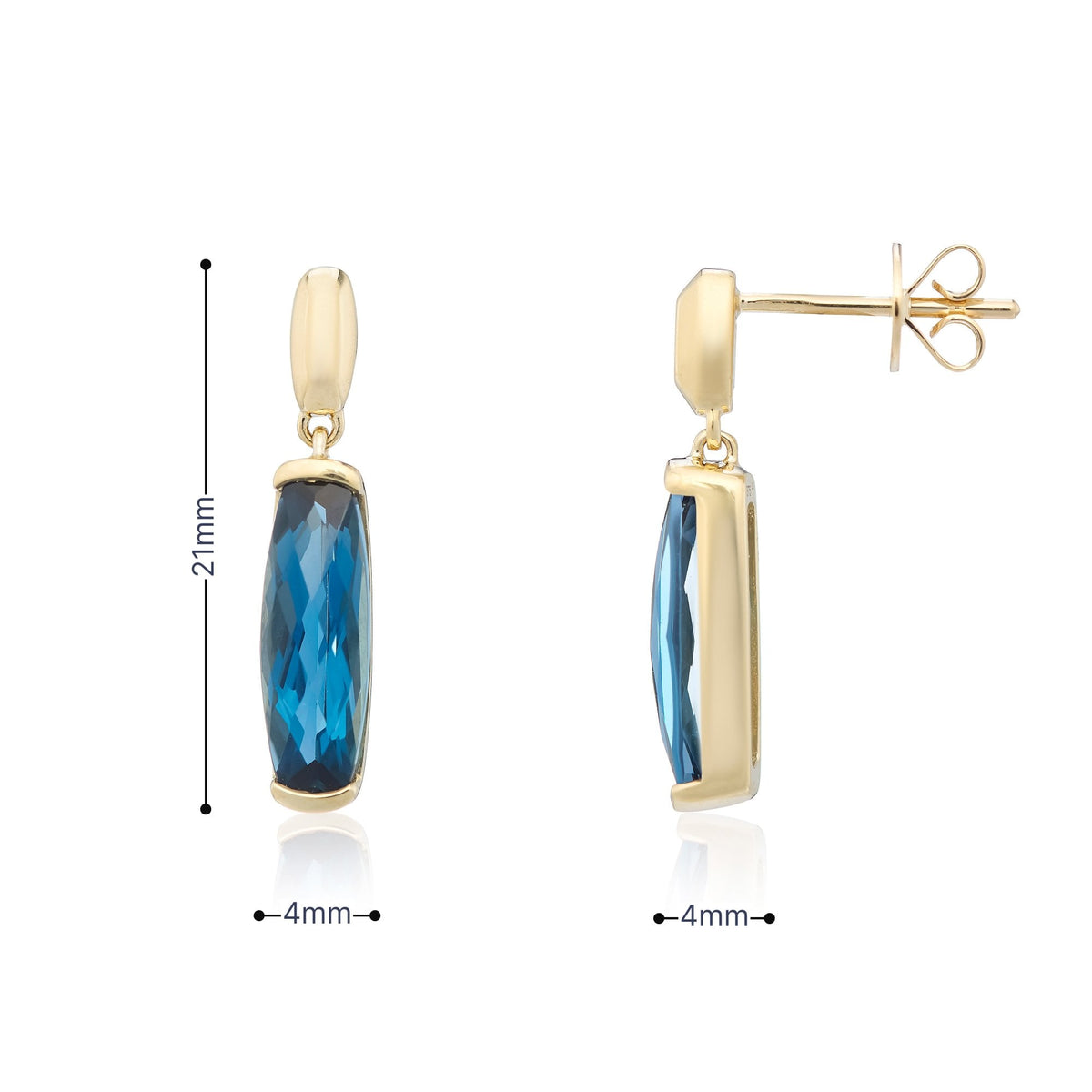 9ct Yellow Gold London Blue Topaz Drop Earrings - 4x21mm - 2.7g