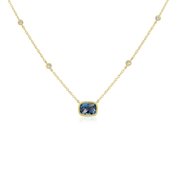 9ct Yellow Gold London Blue Topaz & Diamond Pendant & Necklace