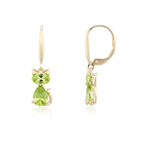 9ct Yellow Gold Peridot Cat Drop Earrings - 7x27mm - 2.3g