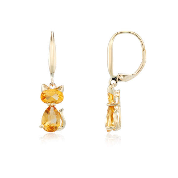9ct Yellow Gold Citrine Cat Drop Earrings - 7x27mm - 2.2g