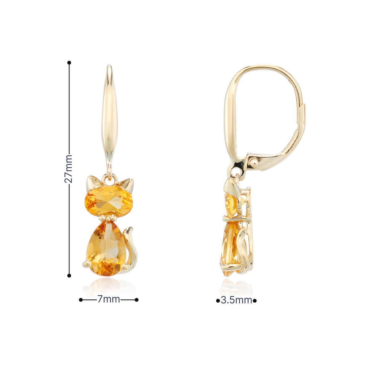9ct Yellow Gold Citrine Cat Drop Earrings - 7x27mm - 2.2g