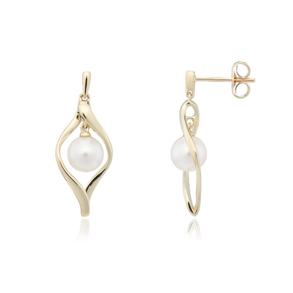 9ct Yellow Gold Pearl Twist Drop Earrings - 10x25mm - 2.6g