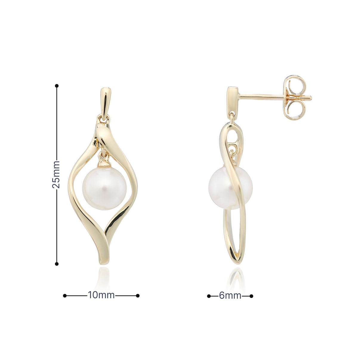 9ct Yellow Gold Pearl Twist Drop Earrings - 10x25mm - 2.6g