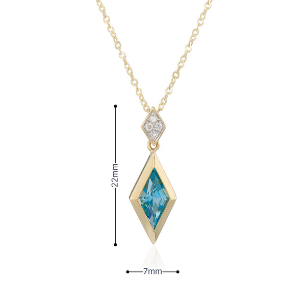 9ct Yellow Gold Blue Topaz & Diamond Pendant & Necklace - 16/18"