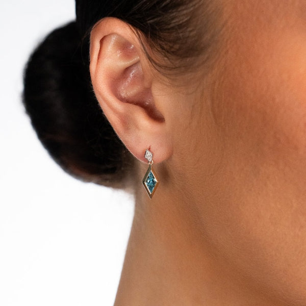 9ct Yellow Gold Blue Topaz & Diamond Drop Earrings - 7x21mm