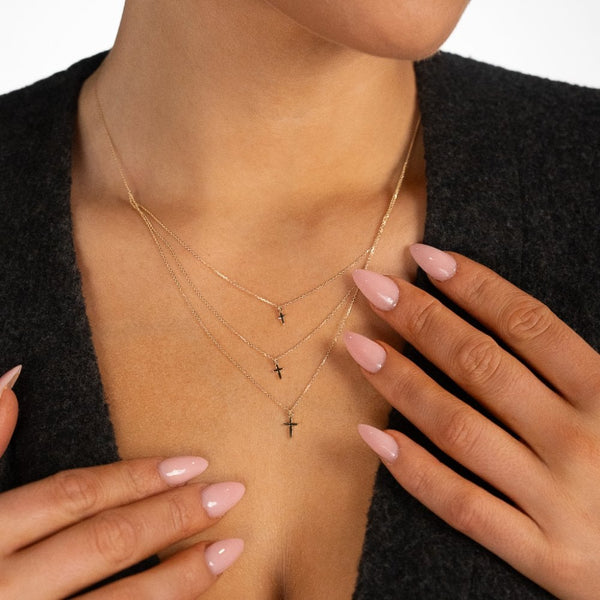 9ct Yellow Gold Triple Chain Cross Necklace - 16/18" - 1.4g