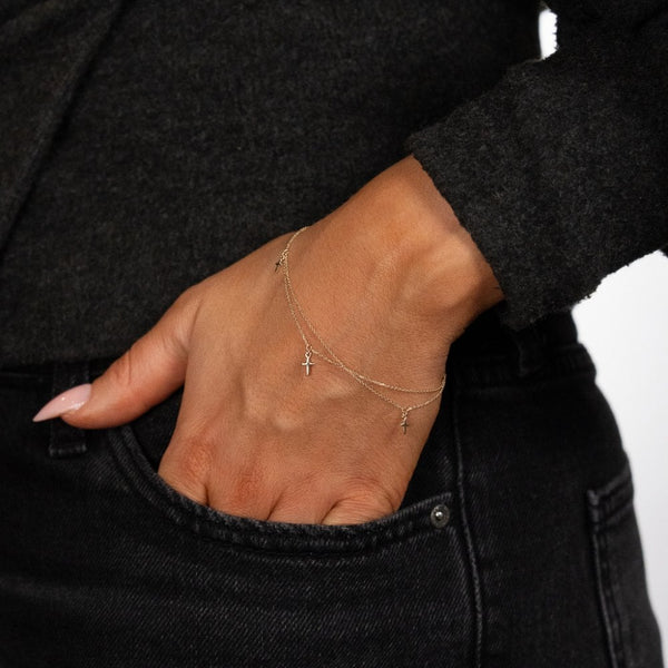 9ct Yellow Gold Double Chain Cross Bracelet - 6.5/7" - 0.8g