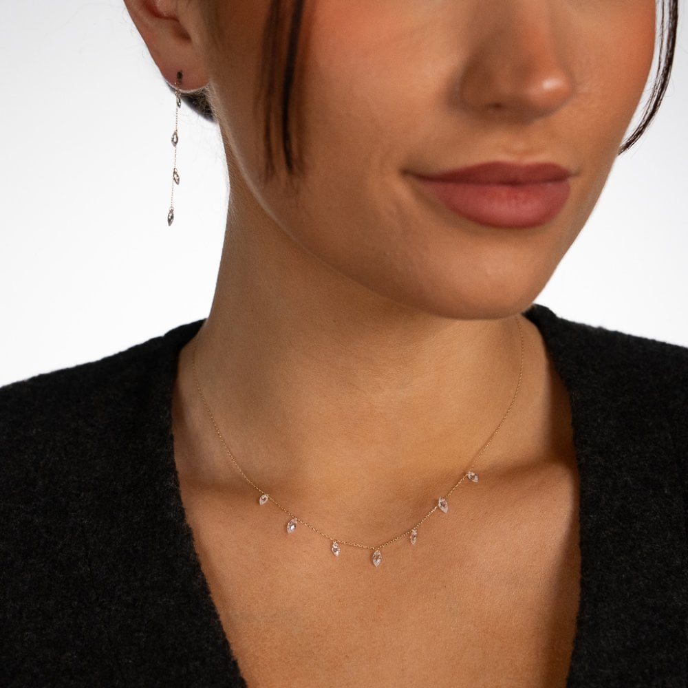 9ct Yellow Gold CZ Marquise Drop Necklace - 16/18" - 0.6g